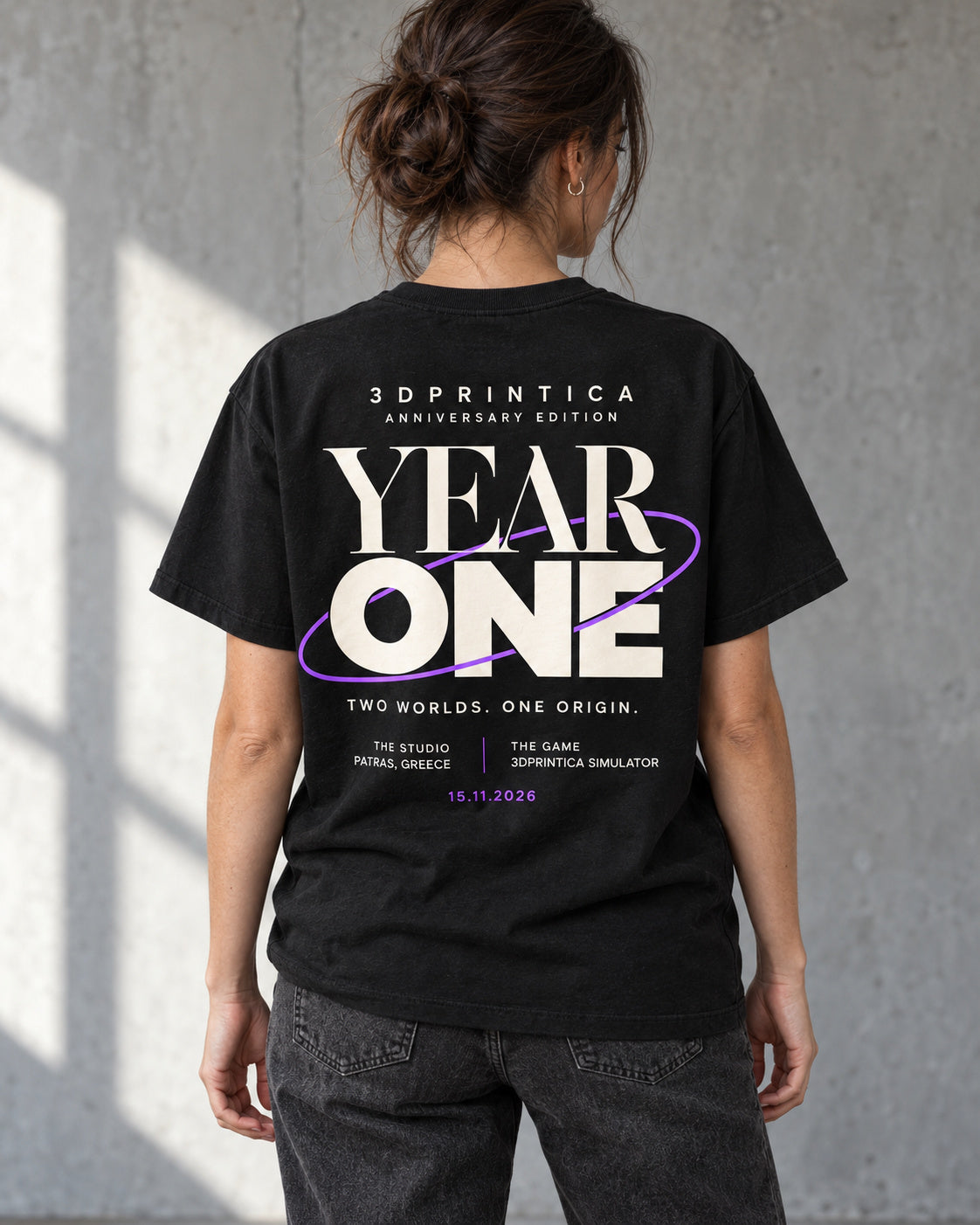AI-generated model mockup — back view of the approved 3DPRINTICA Year One T-shirt design.