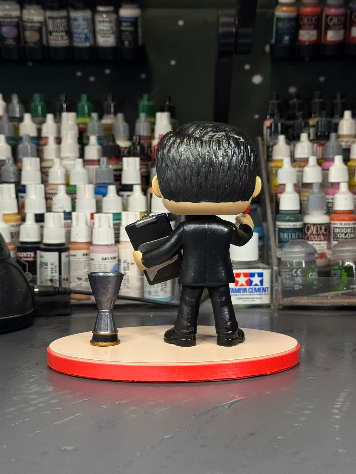 Georgios Bartzokas hand-painted basketball coach figure, back view with trophy and display base