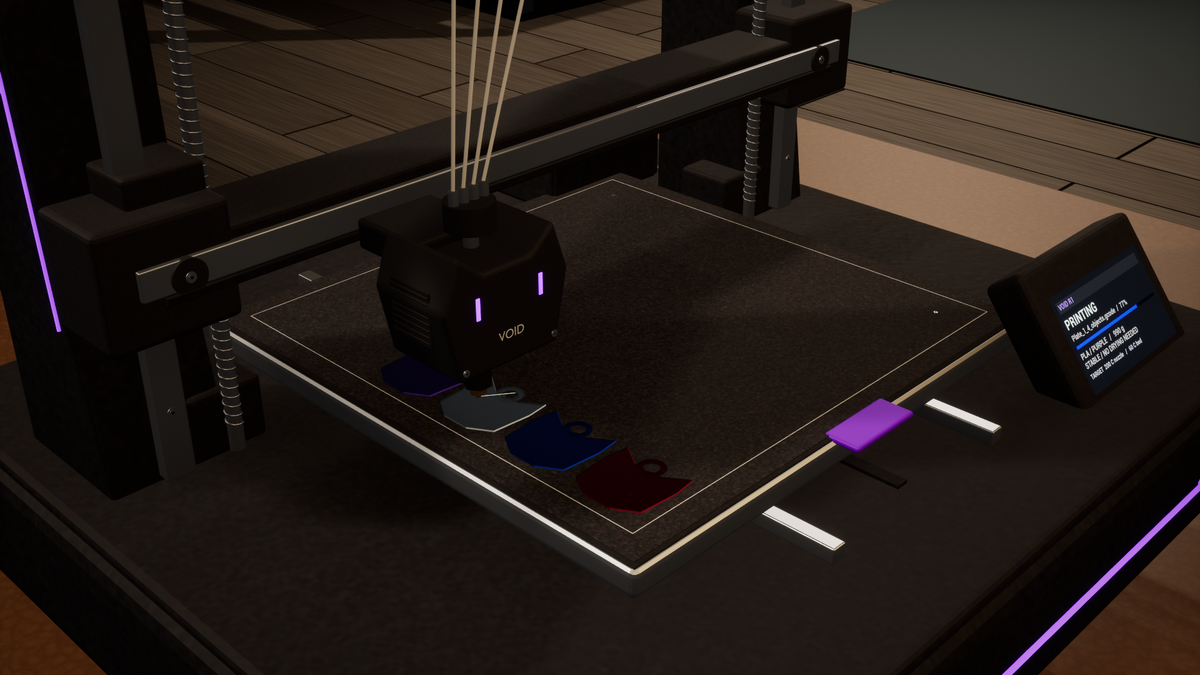 A VOID printer producing multicolour keychains in 3DPRINTICA Simulator
