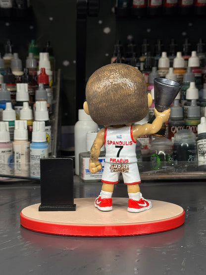 Vassilis Spanoulis hand-painted basketball figure, back view showing number 7 and display base