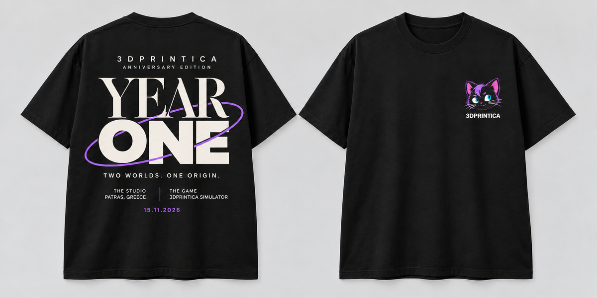 The actual 3DPRINTICA Year One T-shirt design, back and front