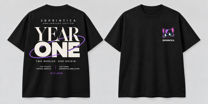 3DPRINTICA Year One — approved anniversary T-shirt design, back left and front right.