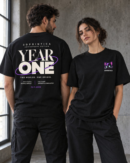 AI-generated model mockup — two adults showing the front and back of the 3DPRINTICA Year One T-shirt.
