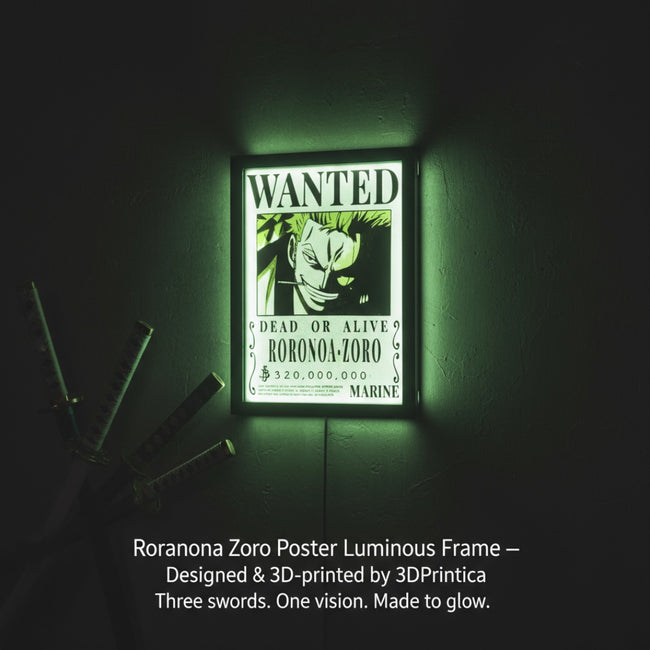 Zoro • Αφίσα Καταζητούμενου • One Piece — Luminous Art Φωτιζόμενη Κορνίζα