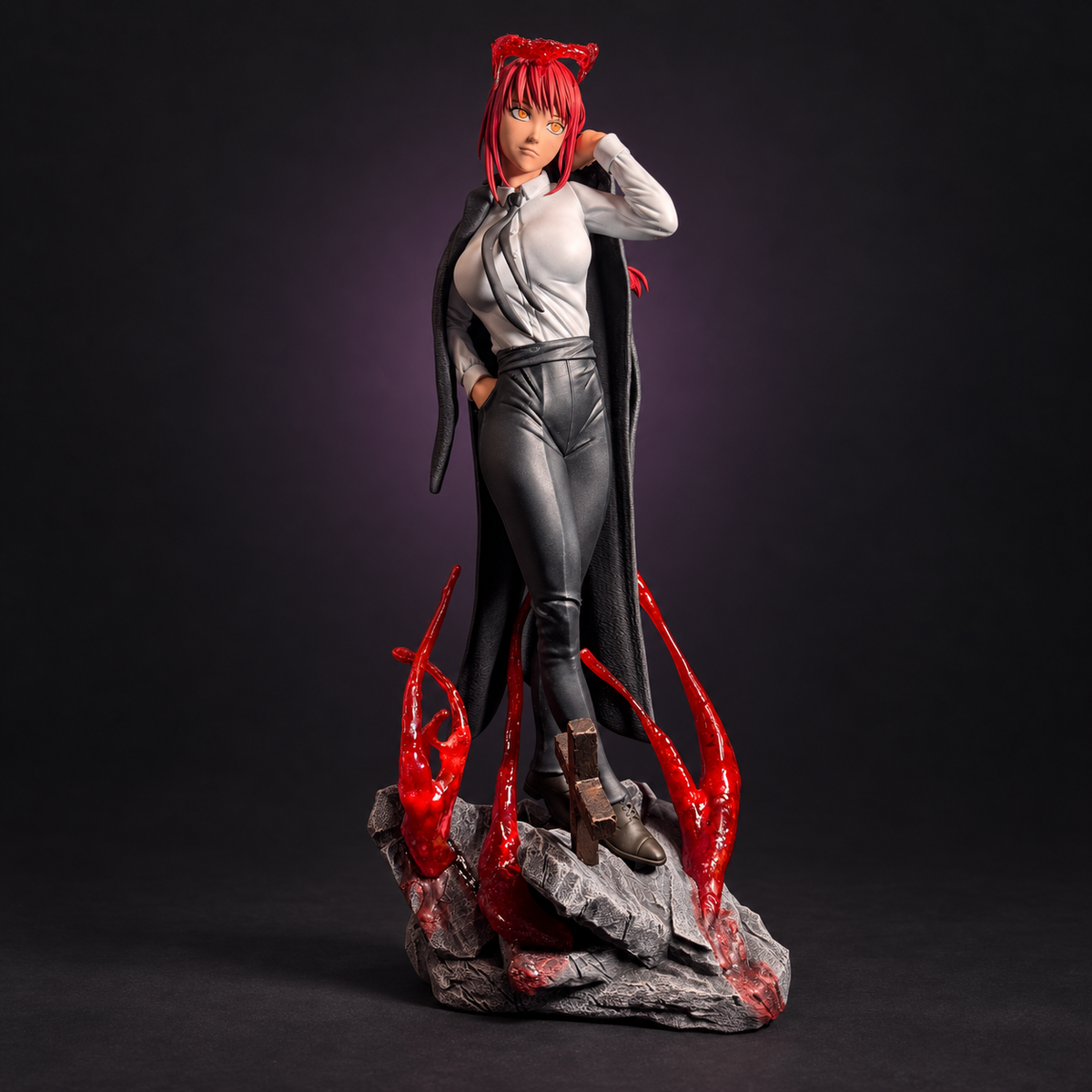makima hand-painted statue by 3DPrintica, dark studio product photograph
